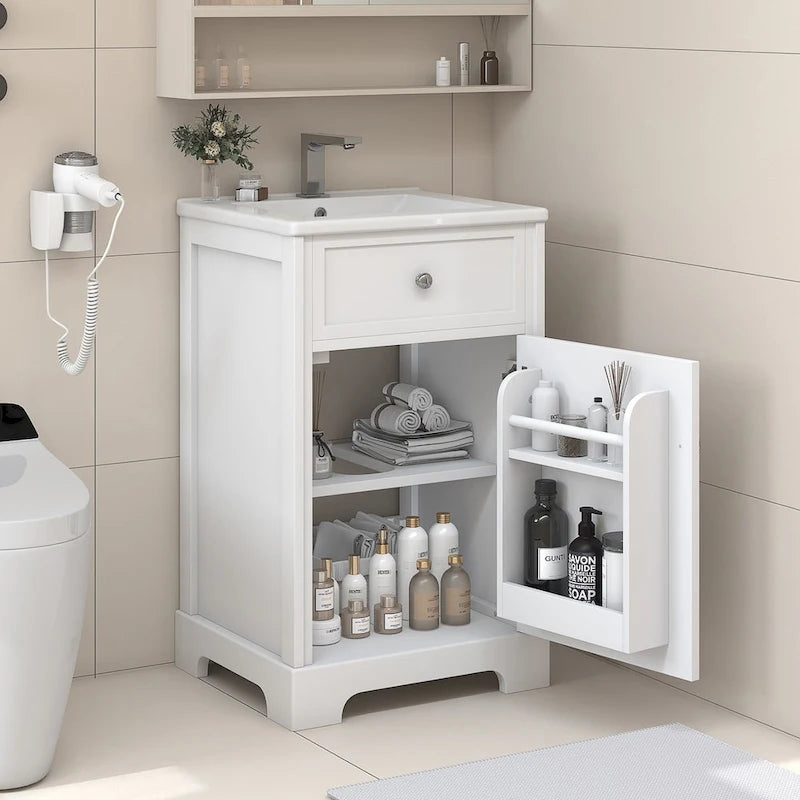 20" Bathroom Vanity with Sink, Soft-Close Cabinet, Storage Rack & Adjustable Shelf – White