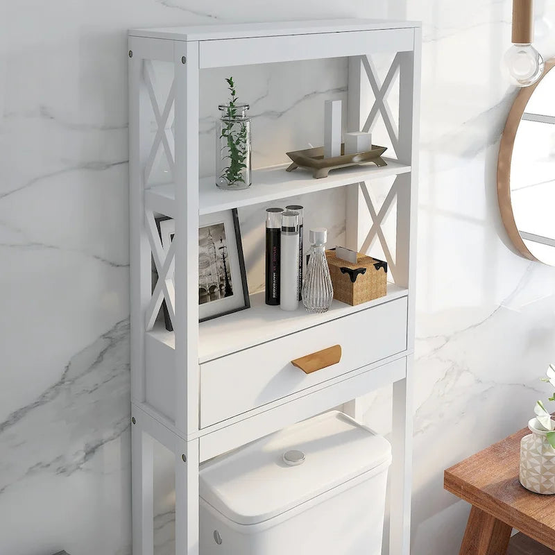 Meuble de rangement WC blanc avec un tiroir et 2 étagères – Étagère de salle de bain peu encombrante