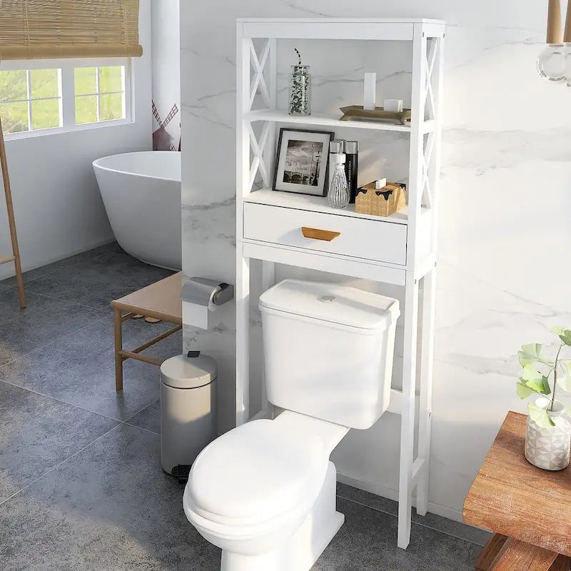 Meuble de rangement WC blanc avec un tiroir et 2 étagères – Étagère de salle de bain peu encombrante
