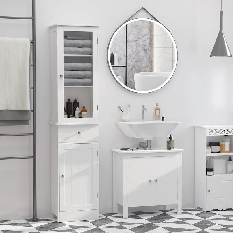 Meuble de rangement de salle de bain fin avec porte en acrylique, tiroir et étagères