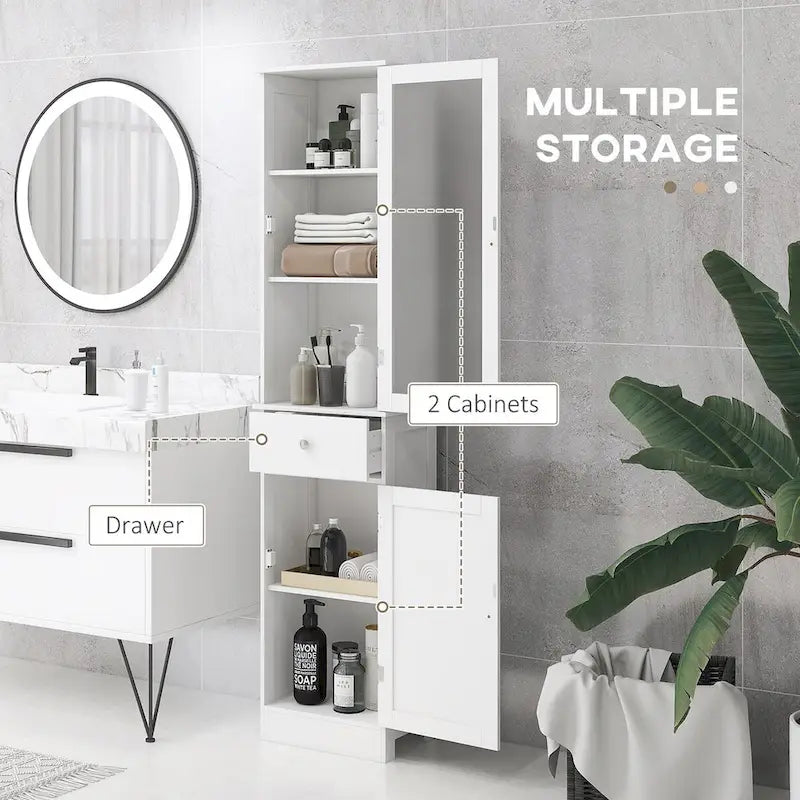 Meuble de rangement de salle de bain fin avec porte en acrylique, tiroir et étagères