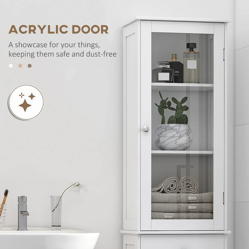Meuble de rangement de salle de bain fin avec porte en acrylique, tiroir et étagères
