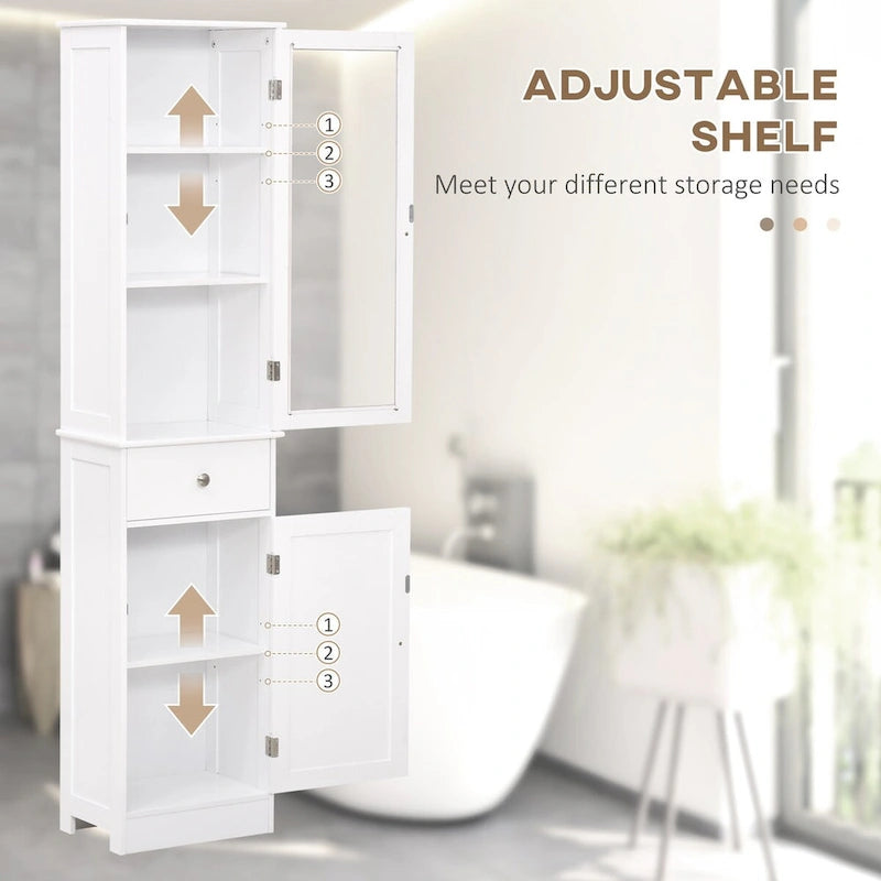 Meuble de rangement de salle de bain fin avec porte en acrylique, tiroir et étagères