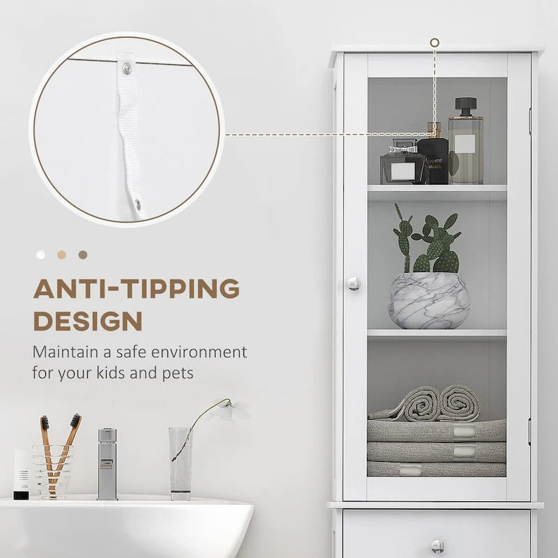 Meuble de rangement de salle de bain fin avec porte en acrylique, tiroir et étagères