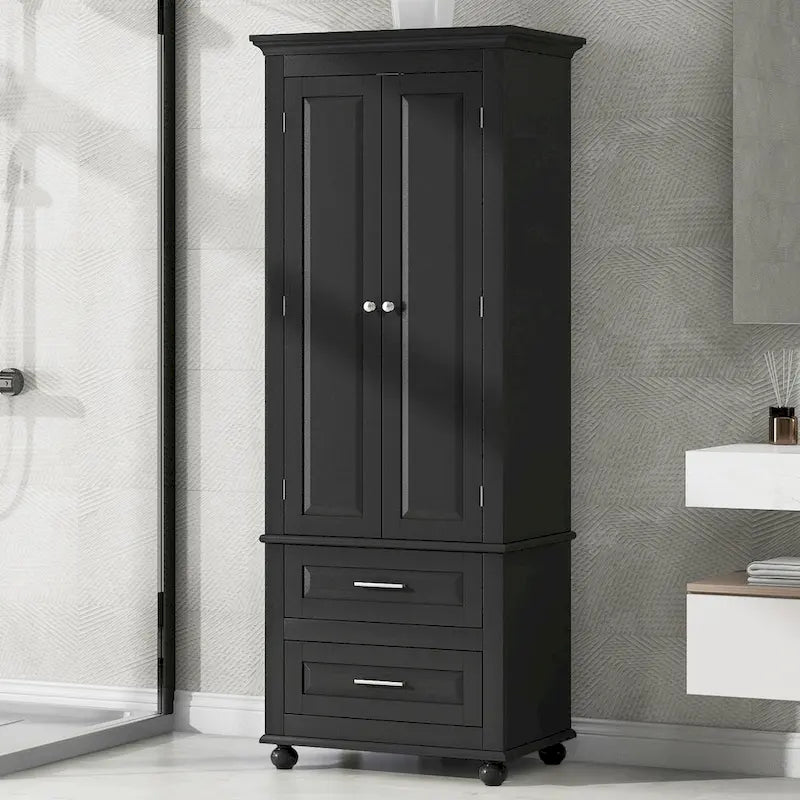 Meuble de rangement haut avec deux tiroirs, noir