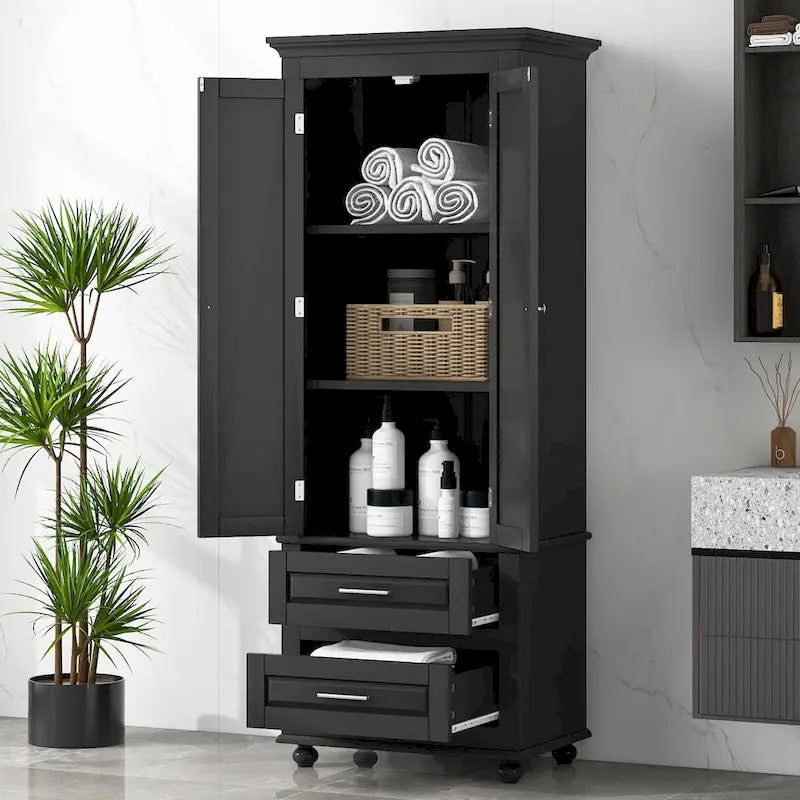 Meuble de rangement haut avec deux tiroirs, noir